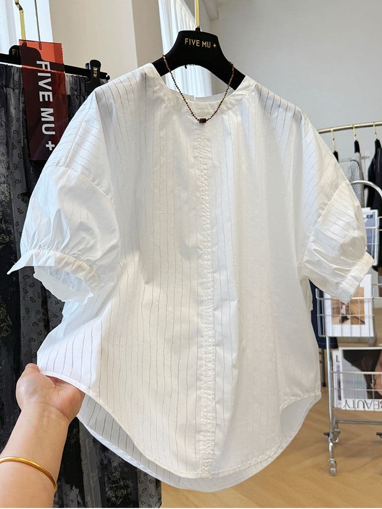 원본 원단 특별 빅 사이즈 300 근 고유 한 Chic 작은 셔츠 여성 여름 스트라이프 반팔 여성 셔츠 상세 이미지 4