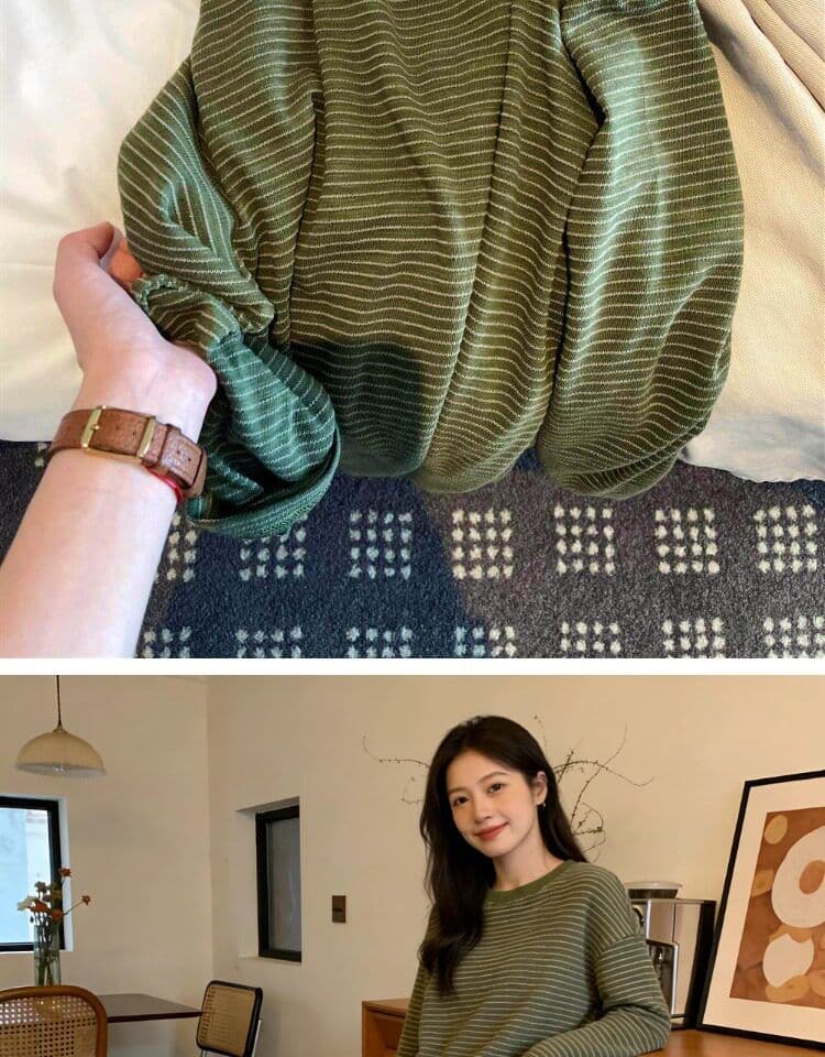 원본 원단 특별 빅 사이즈 300 근 녹색 스트라이프 긴팔 티셔츠 봄 표지 고기 슬림해 보이는 기본 셔츠 상세 이미지 1