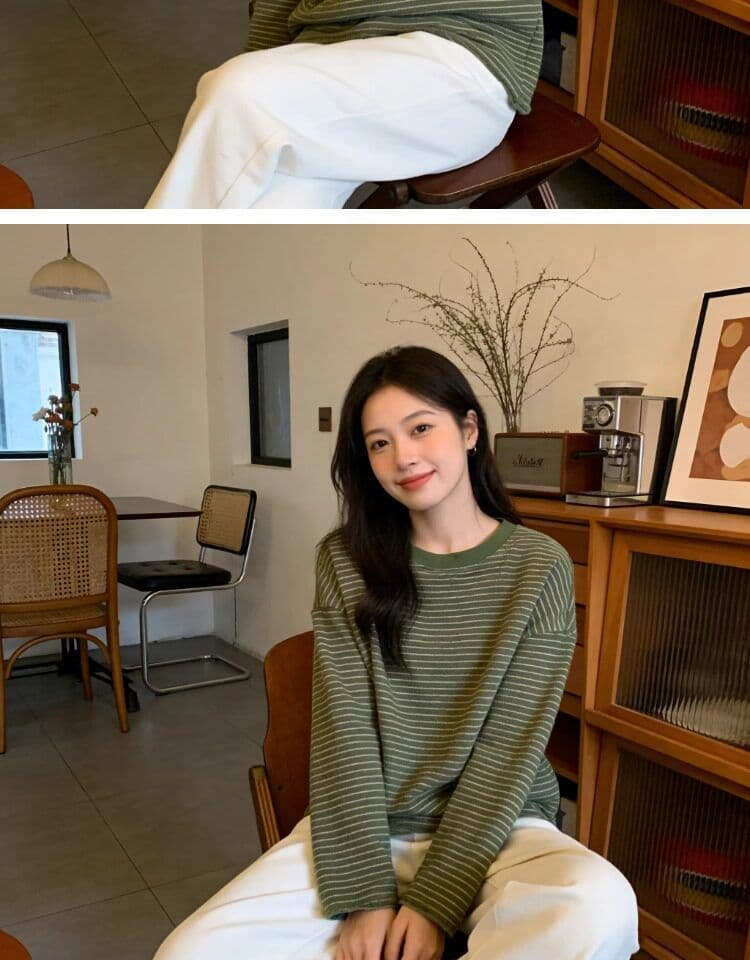 원본 원단 특별 빅 사이즈 300 근 녹색 스트라이프 긴팔 티셔츠 봄 표지 고기 슬림해 보이는 기본 셔츠 상세 이미지 3
