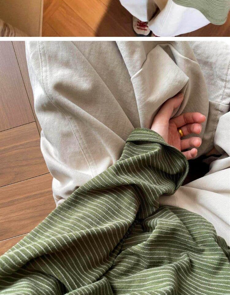 원본 원단 특별 빅 사이즈 300 근 녹색 스트라이프 긴팔 티셔츠 봄 표지 고기 슬림해 보이는 기본 셔츠 상세 이미지 6