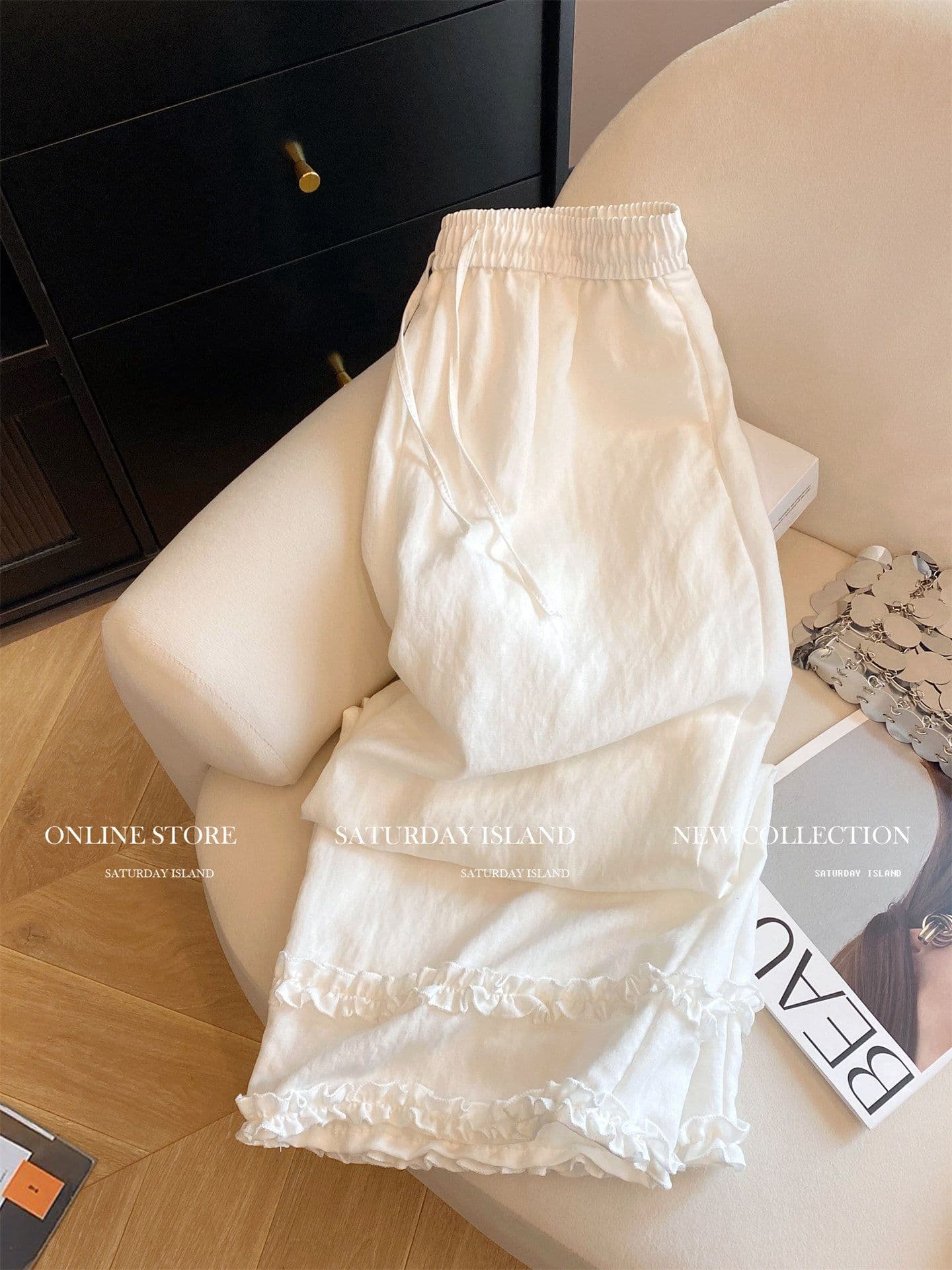 원본 원단 특별 빅 사이즈 300 근 프랑스식 부드러운 바람 프릴 와이드 레깅스 바지 허리밴드 긴 바지 상세 이미지 5