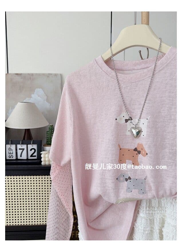원본 원단 특별 빅 사이즈 300 근 페이크 레이어드 맨위 여성 루즈핏 도트 무늬 싸움 소매 길이 소매 티셔츠 여성 상세 이미지 3