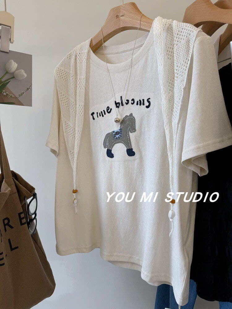 21 순면 숄 특별 빅 사이즈 300 근 3 차원 비즈 박기 작은 말 자수 반팔 투피스 세트 티셔츠 상세 이미지 13