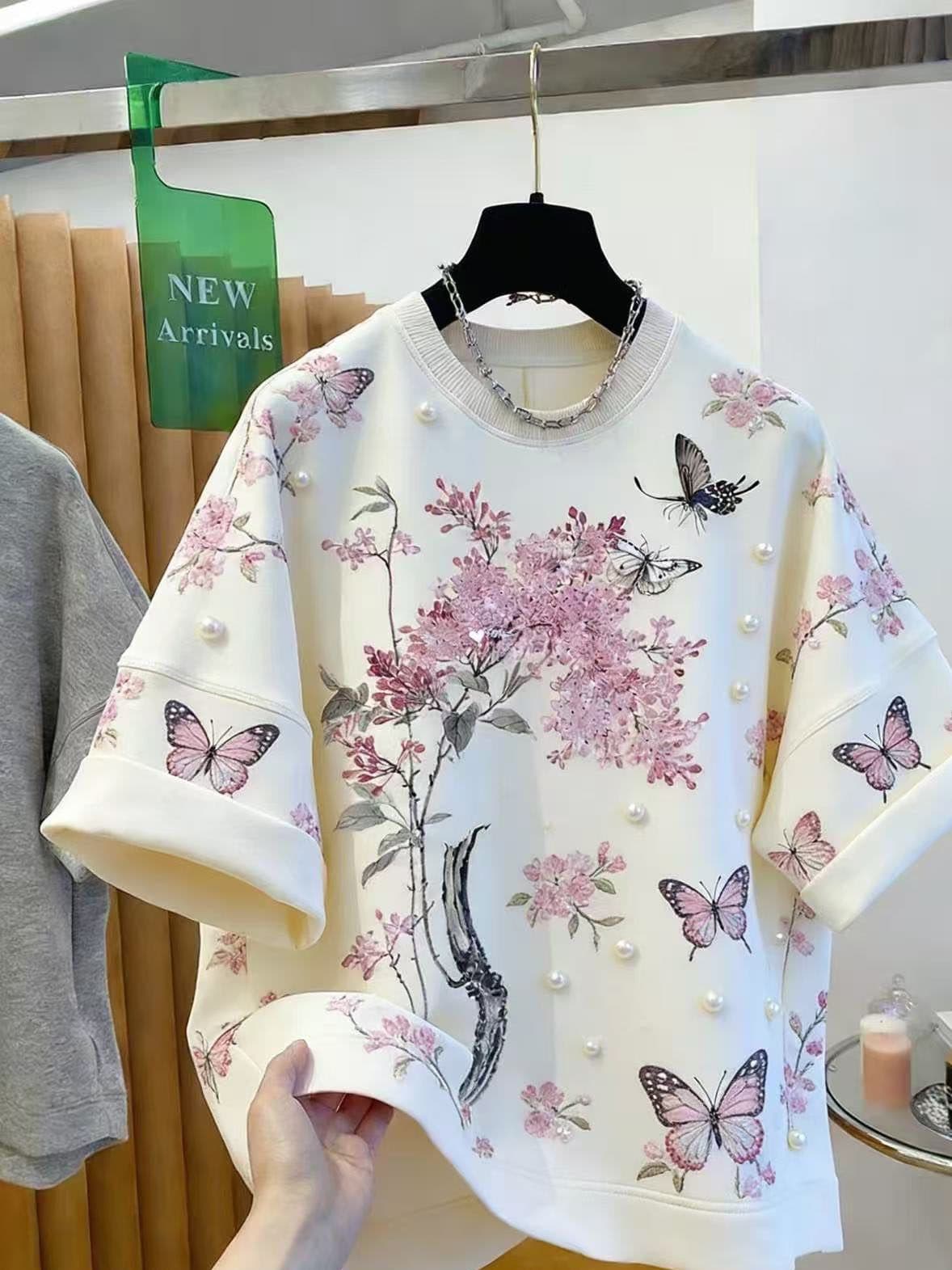 원본 원단 특별 빅 사이즈 300 근 외국 가스 꽃 나비 매듭 티셔츠 무거운 작업 맨위 여성 상세 이미지 3