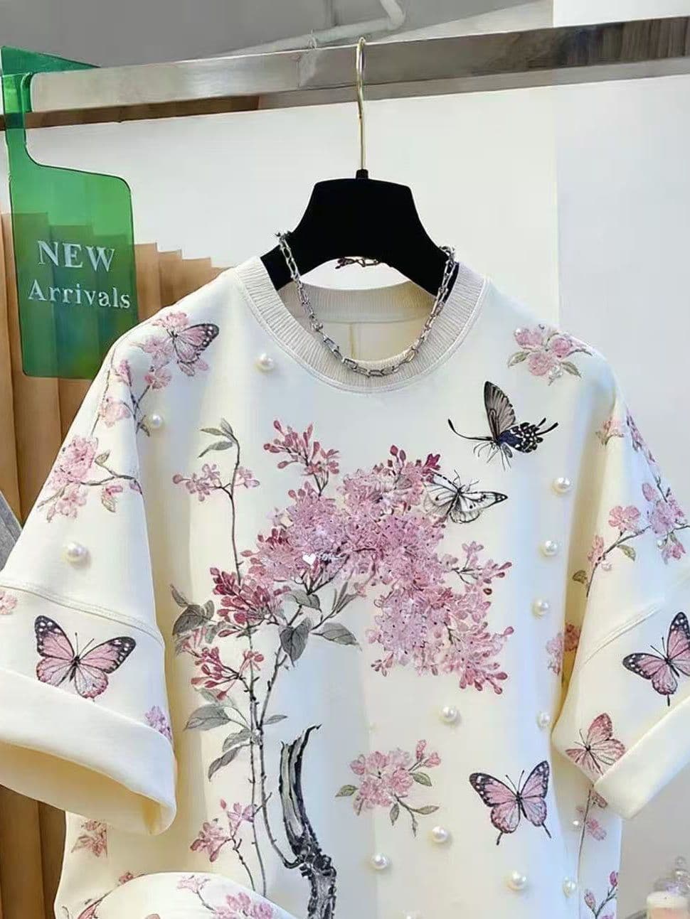 원본 원단 특별 빅 사이즈 300 근 외국 가스 꽃 나비 매듭 티셔츠 무거운 작업 맨위 여성 상세 이미지 4