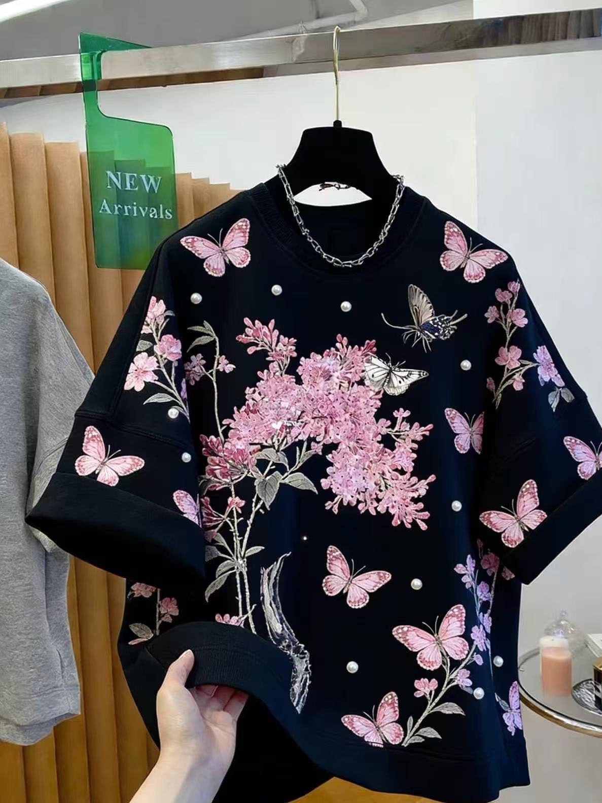 원본 원단 특별 빅 사이즈 300 근 외국 가스 꽃 나비 매듭 티셔츠 무거운 작업 맨위 여성 상세 이미지 8