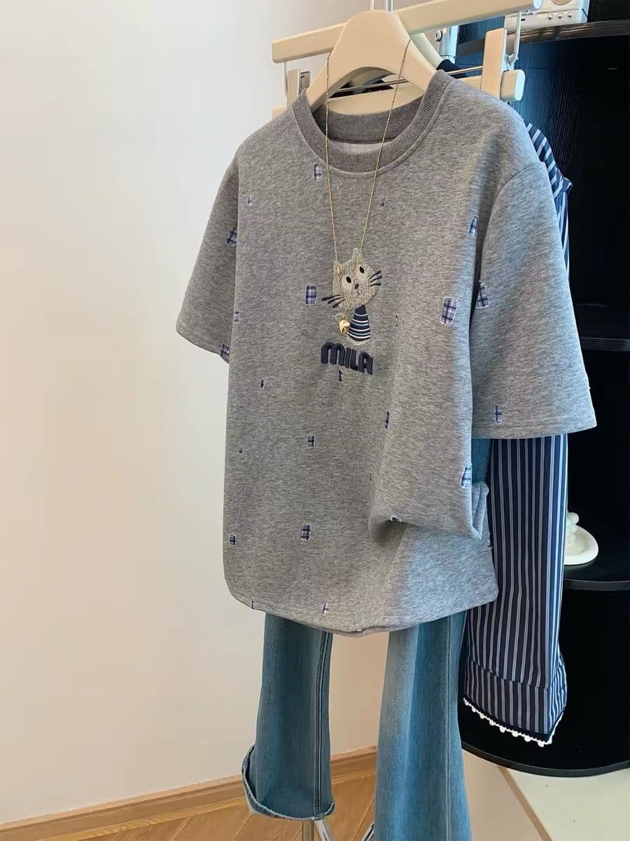 원본 원단 특별 빅 사이즈 300 근 무거운 작업 자수 찢어진 부분 고양이 반팔 티셔츠 여성 여름 맨위