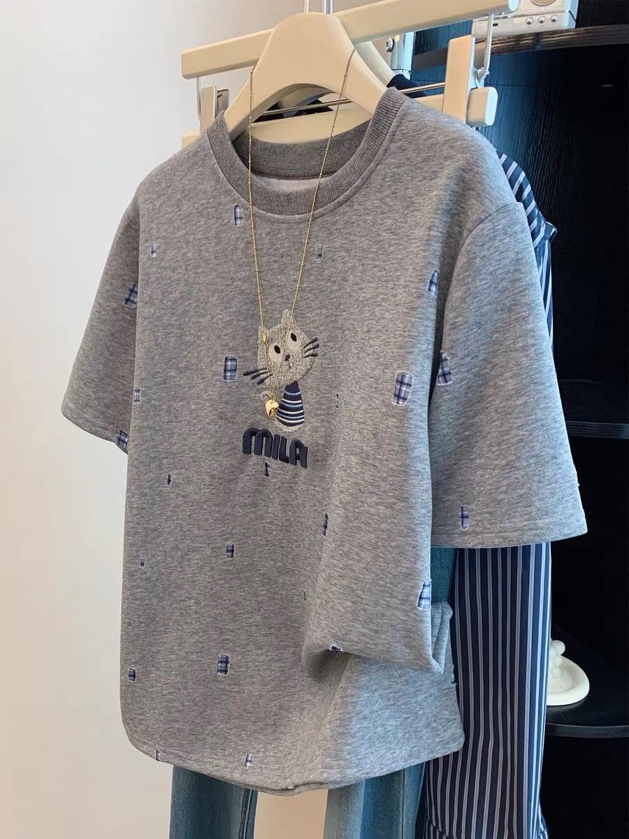 원본 원단 특별 빅 사이즈 300 근 무거운 작업 자수 찢어진 부분 고양이 반팔 티셔츠 여성 여름 맨위 상세 이미지 2