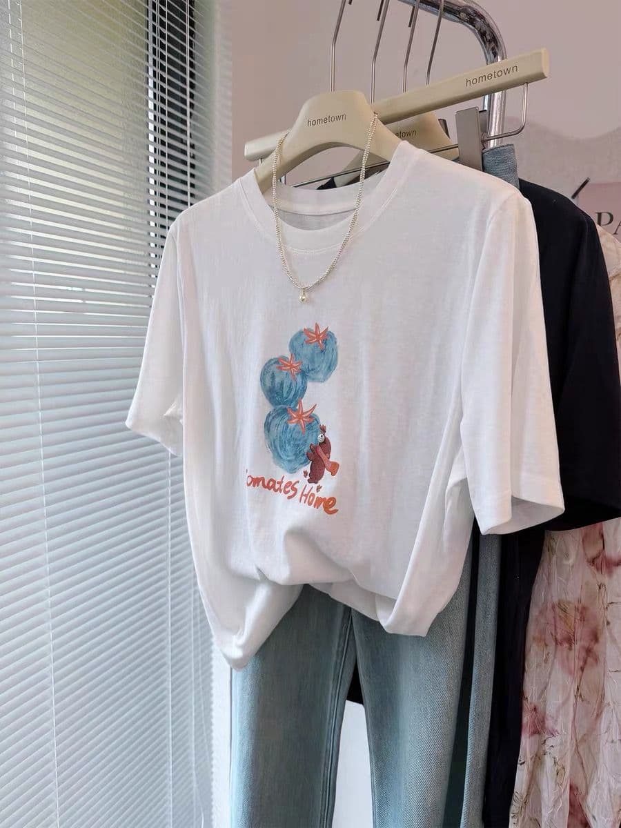 눈꽃 면 특별 빅 사이즈 300 근 레트로 유화 과일 눈꽃 면 반팔 티셔츠 여성 동정 이미지 4