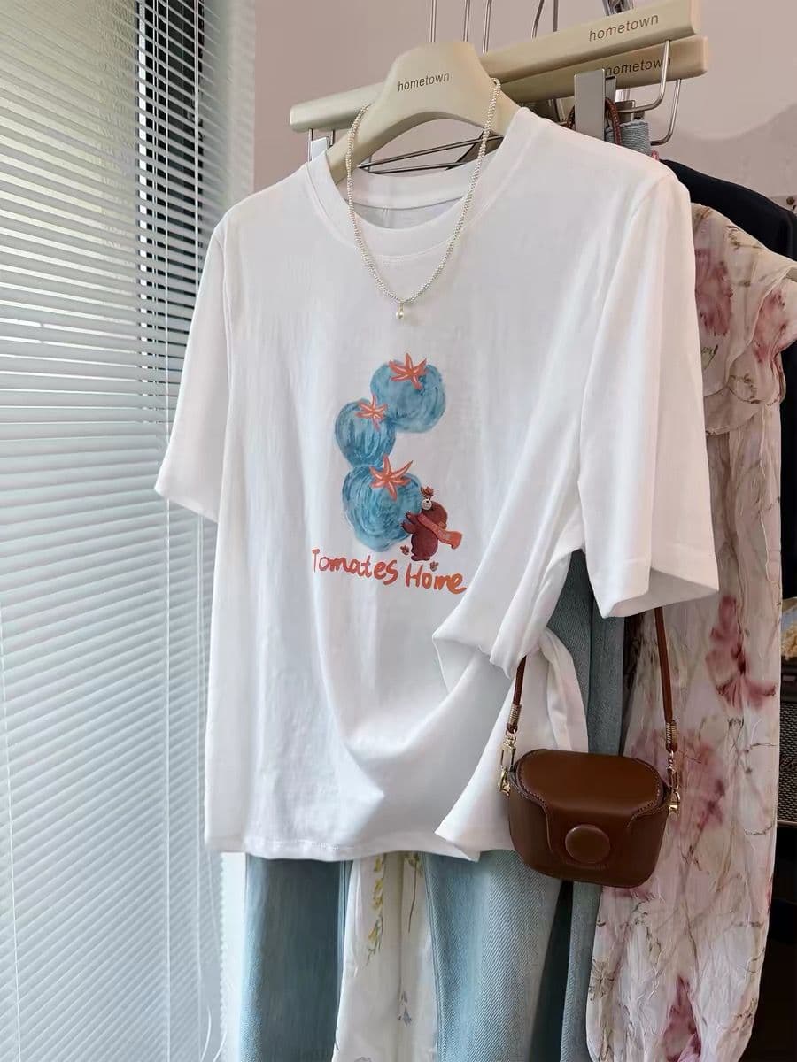 눈꽃 면 특별 빅 사이즈 300 근 레트로 유화 과일 눈꽃 면 반팔 티셔츠 여성 동정 상세 이미지 1