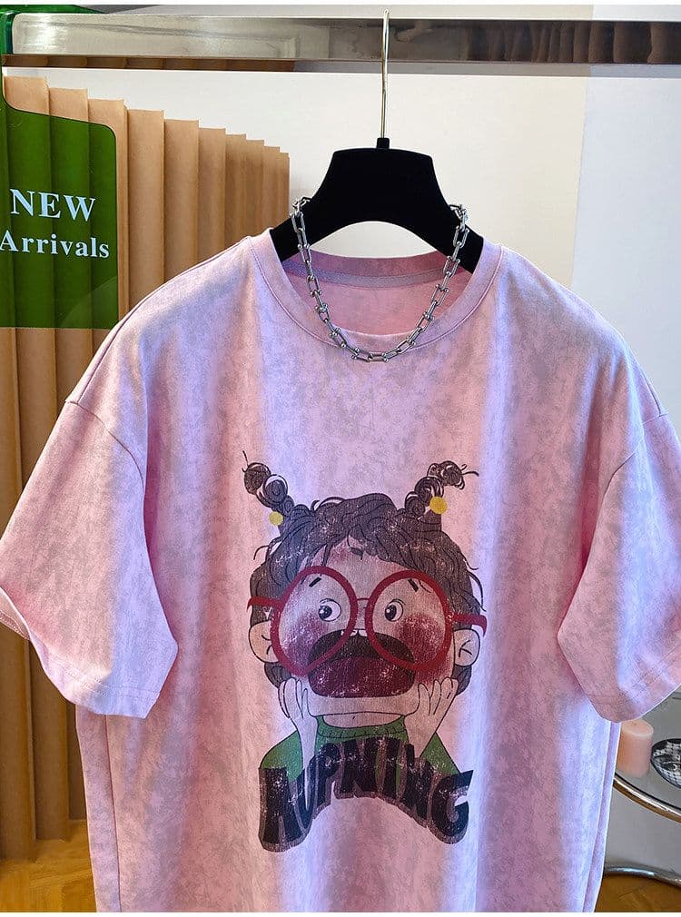 21 순면 특별 빅 사이즈 300 근 만화 핑크색 티셔츠 여성용 짧은 소매 2026 새로운 루즈핏 맨위 상세 이미지 2