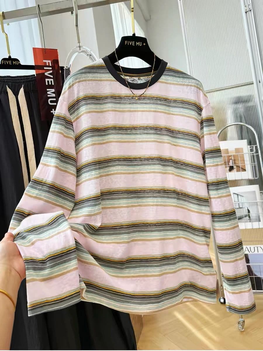 원본 원단 특별 빅 사이즈 300 근 배색 스트라이프 얇은 스타일 긴팔 티셔츠 여성 루즈핏 자외선 차단 맨위