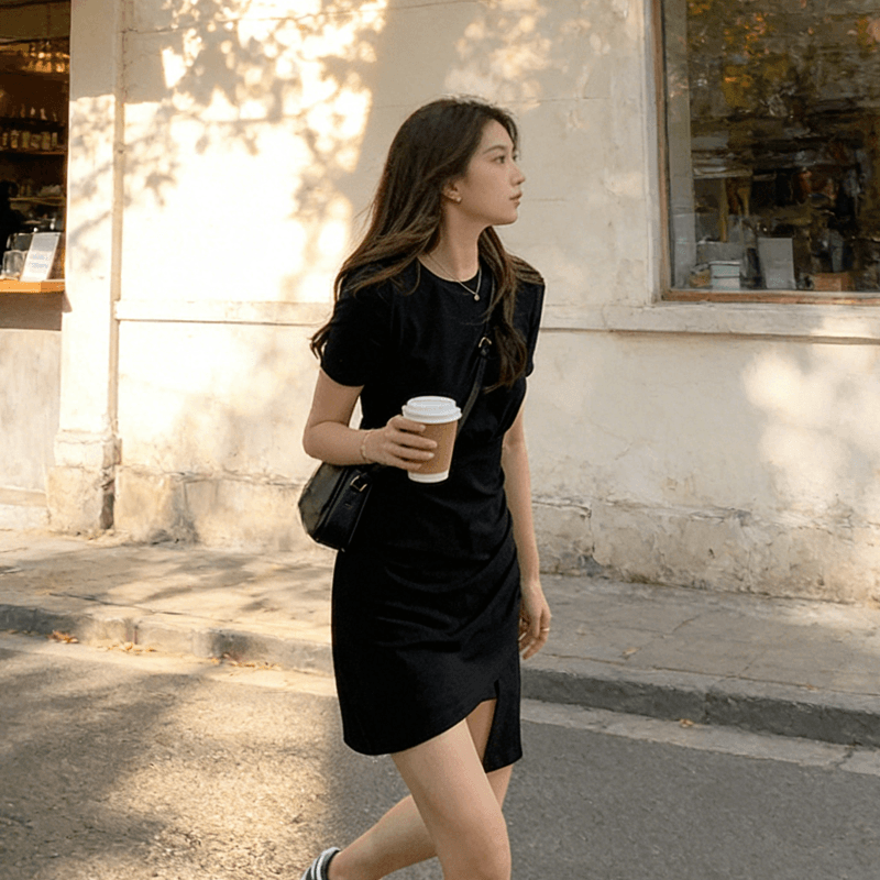 2026 새로운 여성 허리 수축 슬림해 보이는 디자인 센스 작은 대중 그는 벤 바람 작은 검은 드레스 불규칙 티셔츠 드레스 여름 상세 이미지 5