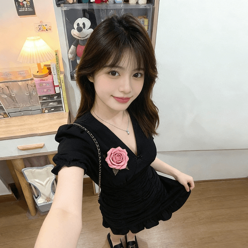 검정색 V넥 거품 소매 여성 드레스 여름 작은 대중 고유 한 디자인 고급 센스 인어 꼬리 치마 한 부서 스타일 이미지 2