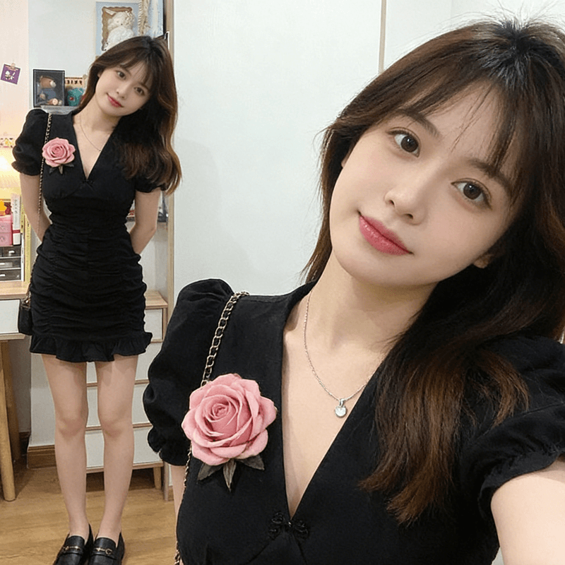 검정색 V넥 거품 소매 여성 드레스 여름 작은 대중 고유 한 디자인 고급 센스 인어 꼬리 치마 한 부서 스타일 상세 이미지 1
