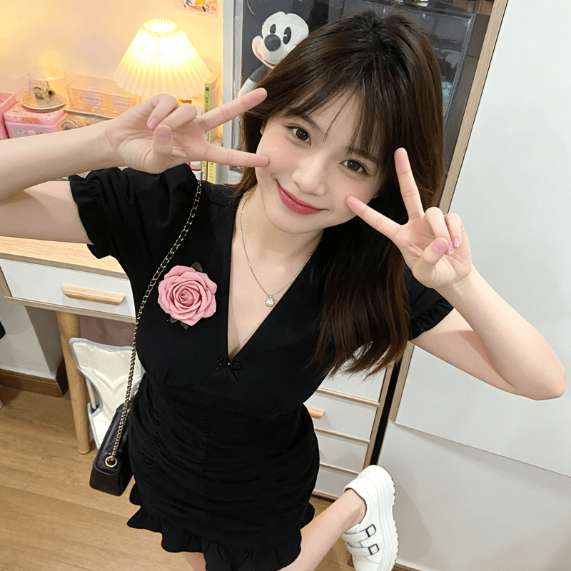 검정색 V넥 거품 소매 여성 드레스 여름 작은 대중 고유 한 디자인 고급 센스 인어 꼬리 치마 한 부서 스타일 상세 이미지 3