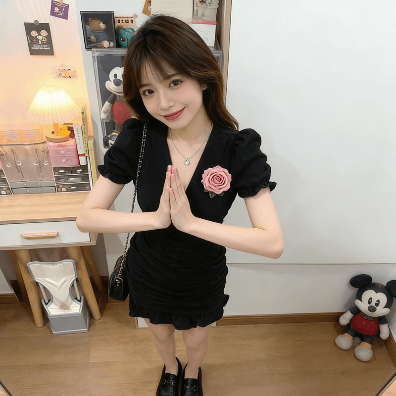 검정색 V넥 거품 소매 여성 드레스 여름 작은 대중 고유 한 디자인 고급 센스 인어 꼬리 치마 한 부서 스타일 상세 이미지 6