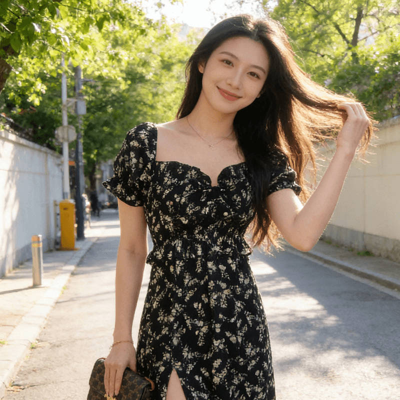 프랑스식 부드러운 검정색 꽃무늬 여성 드레스 차 휴식 품격 디자인 센스 광장 칼라 거품 소매 트임 여름 롱 스커트 상세 이미지 1
