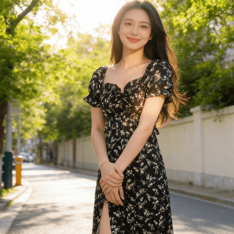 프랑스식 부드러운 검정색 꽃무늬 여성 드레스 차 휴식 품격 디자인 센스 광장 칼라 거품 소매 트임 여름 롱 스커트 상세 이미지 5