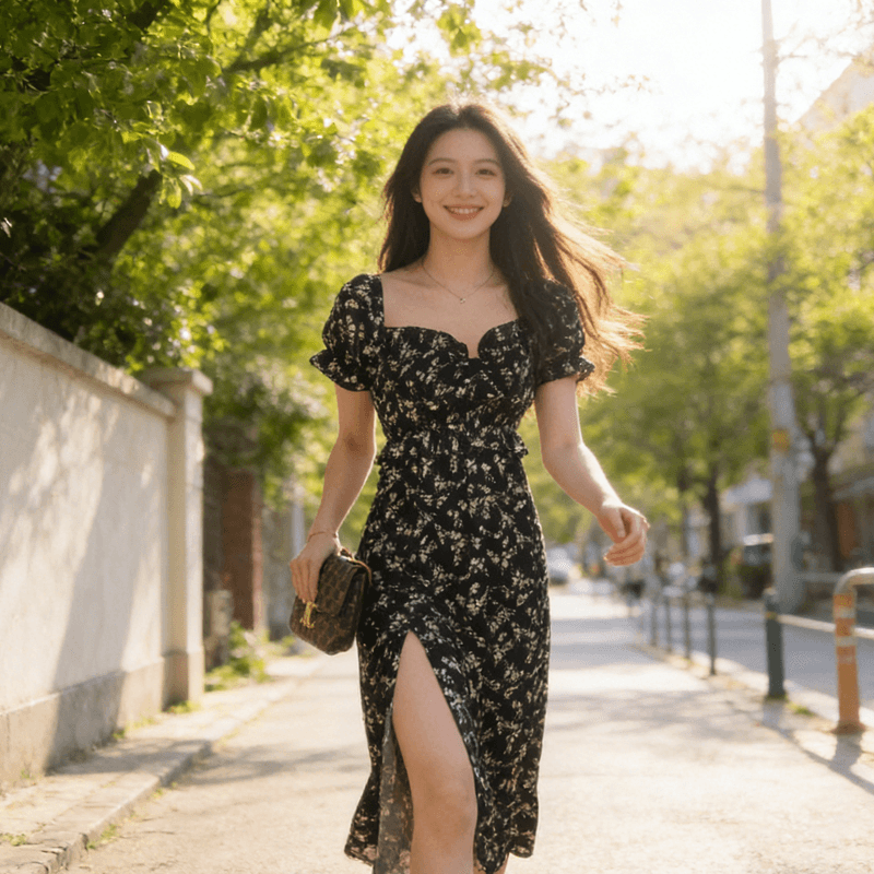 프랑스식 부드러운 검정색 꽃무늬 여성 드레스 차 휴식 품격 디자인 센스 광장 칼라 거품 소매 트임 여름 롱 스커트 상세 이미지 7