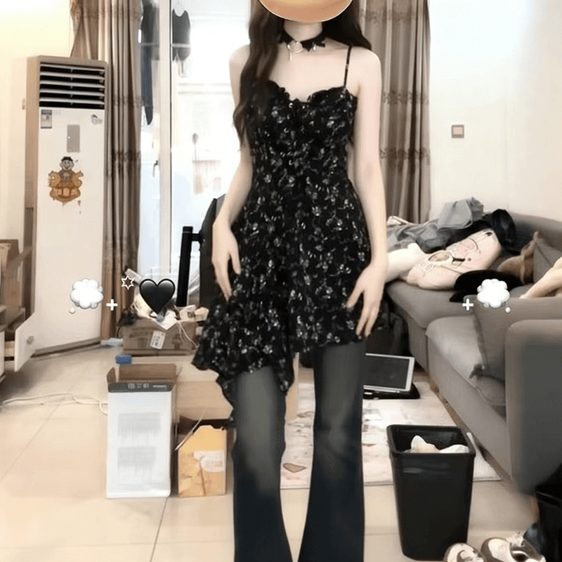 던져 자매 바람 작은 검은 드레스 여름 작은 키 프랑스식 달콤함 불규칙 디자인 센스 슬립 검정색 꽃무늬 드레스 이미지 4