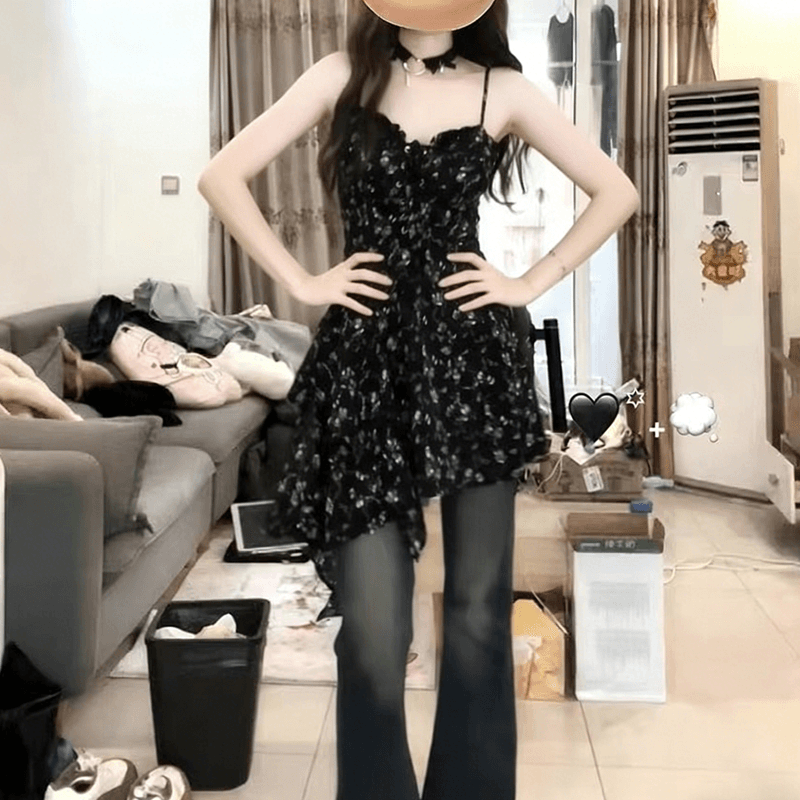던져 자매 바람 작은 검은 드레스 여름 작은 키 프랑스식 달콤함 불규칙 디자인 센스 슬립 검정색 꽃무늬 드레스 상세 이미지 1