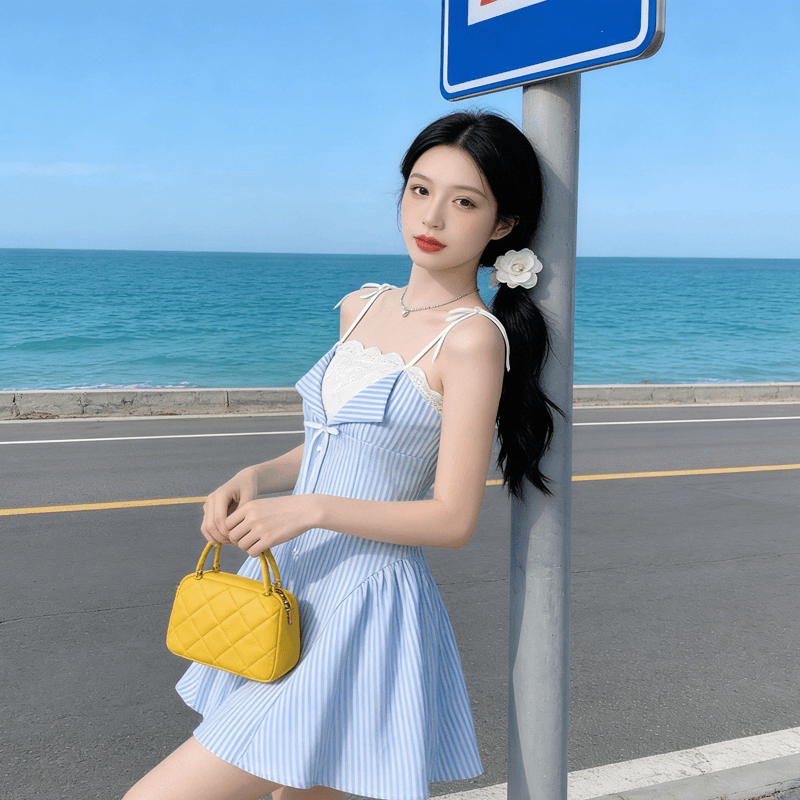 2026 봄 새로운 스트라이프 패치워크 한 마디 셔츠 드레스 치마 트렌디 봄 여름 프랑스식 디자인 슬립 여성 드레스 이미지 5