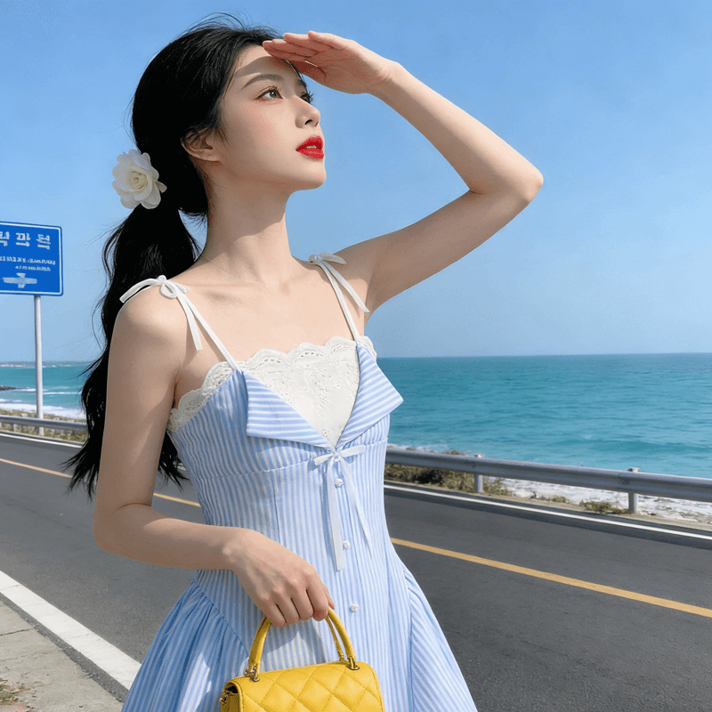 2026 봄 새로운 스트라이프 패치워크 한 마디 셔츠 드레스 치마 트렌디 봄 여름 프랑스식 디자인 슬립 여성 드레스 상세 이미지 5