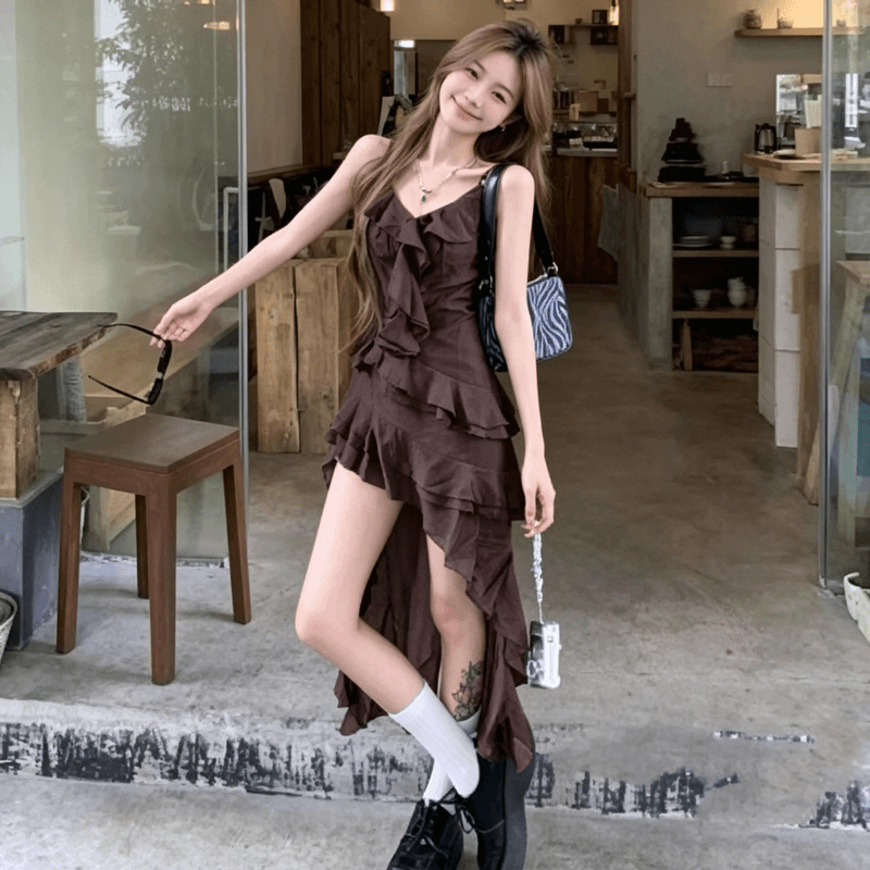 프릴 V넥 슬립 여성 드레스 여름 불규칙 핫걸 롱 스커트 휴가 바람 허리 수축 슬림해 보이는 한 마디 치마
