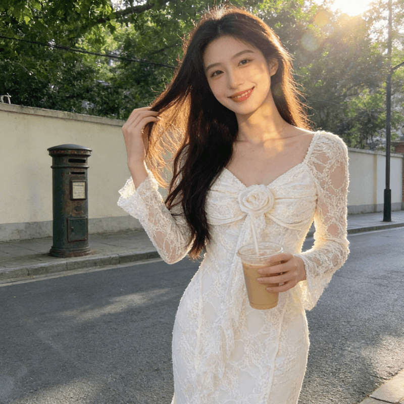 광장 칼라 레이스 몸매 가꾸기 슬림해 보이는 긴팔 드레스 중간 길이 명문 여성 바람 2026 봄 새로운 심장 기계 여성 의류 이미지 2