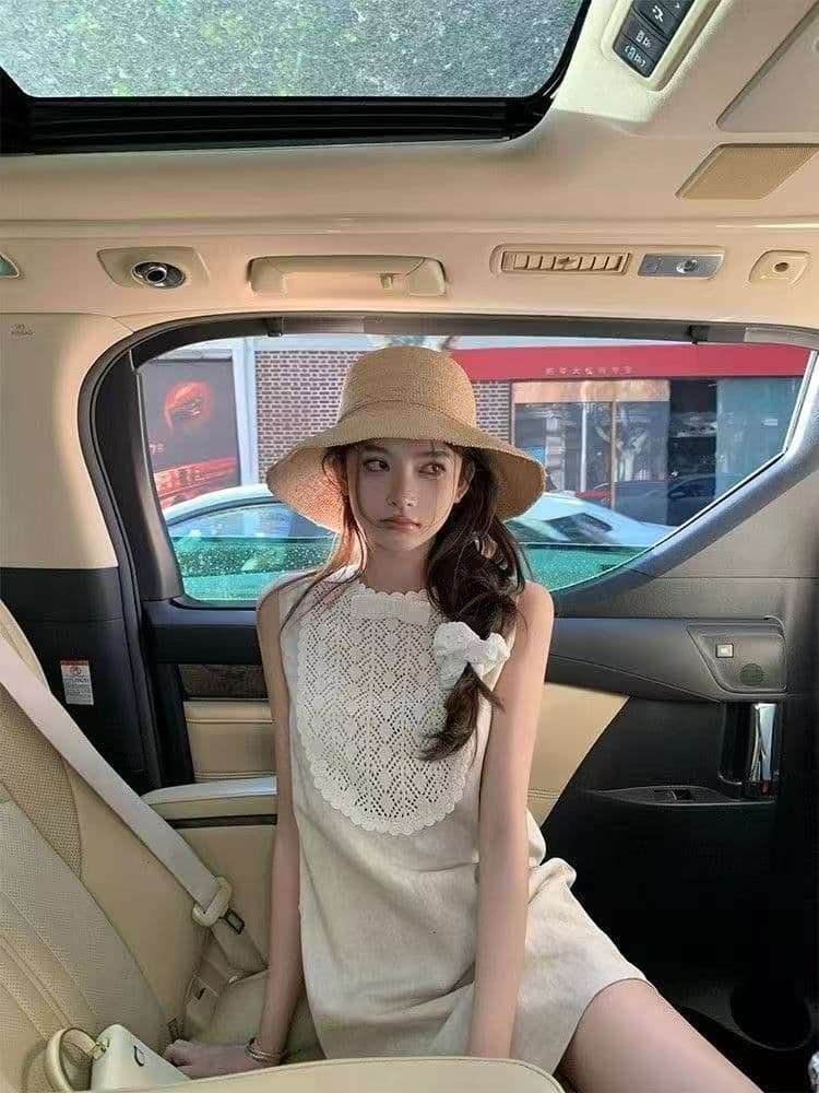 프랑스식 우아함 빛 럭셔리 고급 센스 레이스 나비 매듭 패치워크 라운드 넥 여성 드레스 2026 여름 새로운 치마 상세 이미지 3