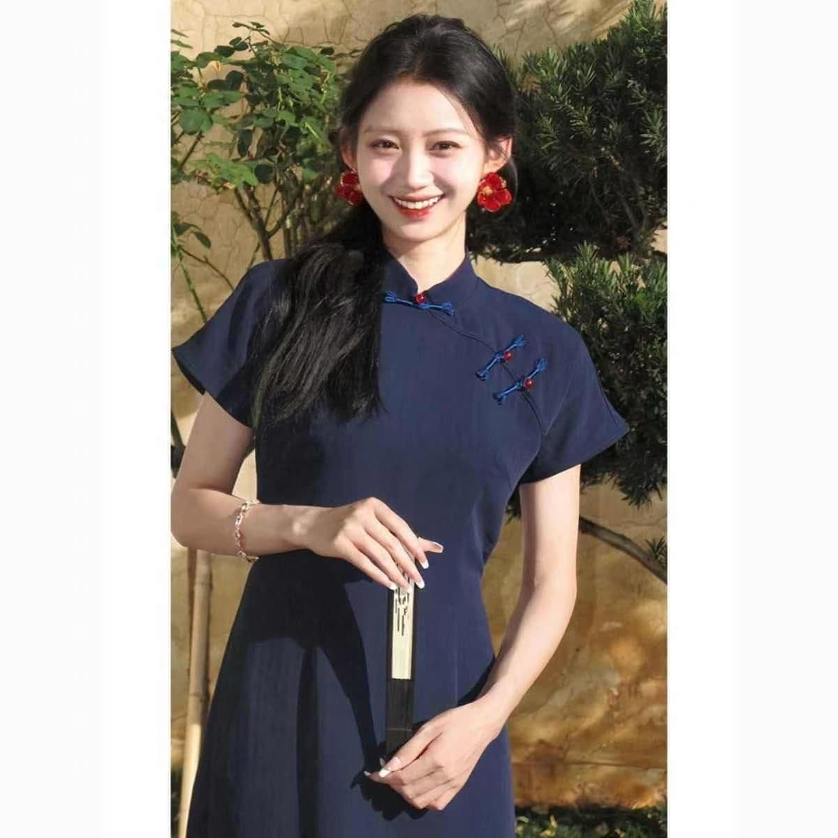 새로운 중식 국풍 블루 색상 단추 드레스 2026 새로운 레트로 젠 감기 센스 치파오 일상 웨어러블 상세 이미지 1