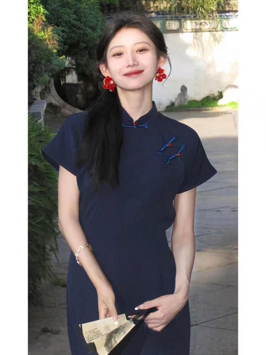 새로운 중식 국풍 블루 색상 단추 드레스 2026 새로운 레트로 젠 감기 센스 치파오 일상 웨어러블 상세 이미지 2