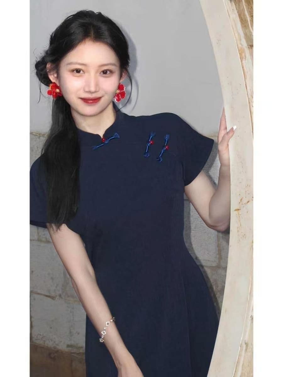 새로운 중식 국풍 블루 색상 단추 드레스 2026 새로운 레트로 젠 감기 센스 치파오 일상 웨어러블 상세 이미지 3