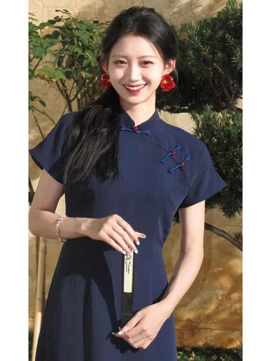 새로운 중식 국풍 블루 색상 단추 드레스 2026 새로운 레트로 젠 감기 센스 치파오 일상 웨어러블 상세 이미지 4