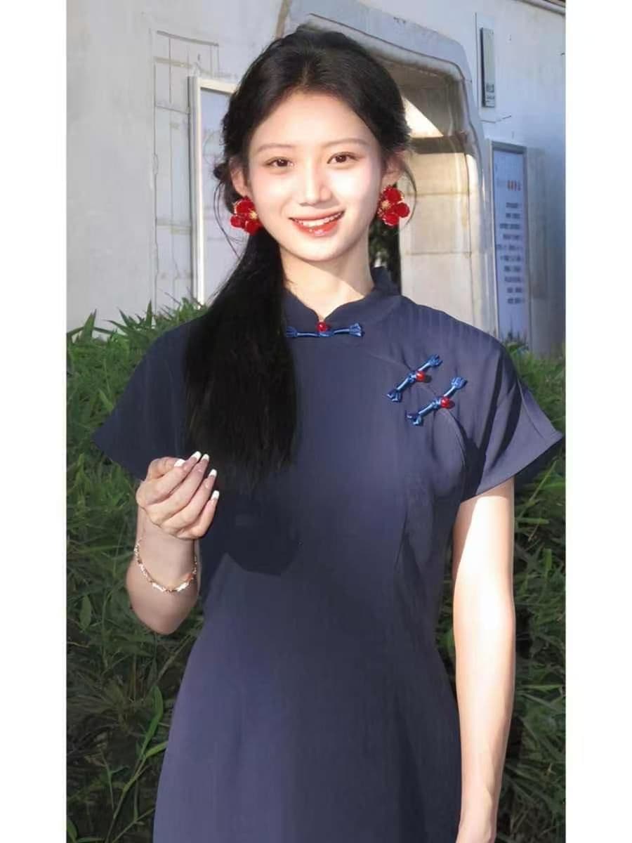 새로운 중식 국풍 블루 색상 단추 드레스 2026 새로운 레트로 젠 감기 센스 치파오 일상 웨어러블 상세 이미지 6