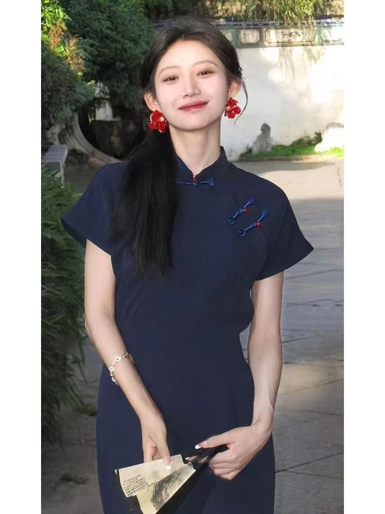 새로운 중식 국풍 블루 색상 단추 드레스 2026 새로운 레트로 젠 감기 센스 치파오 일상 웨어러블 상세 이미지 7