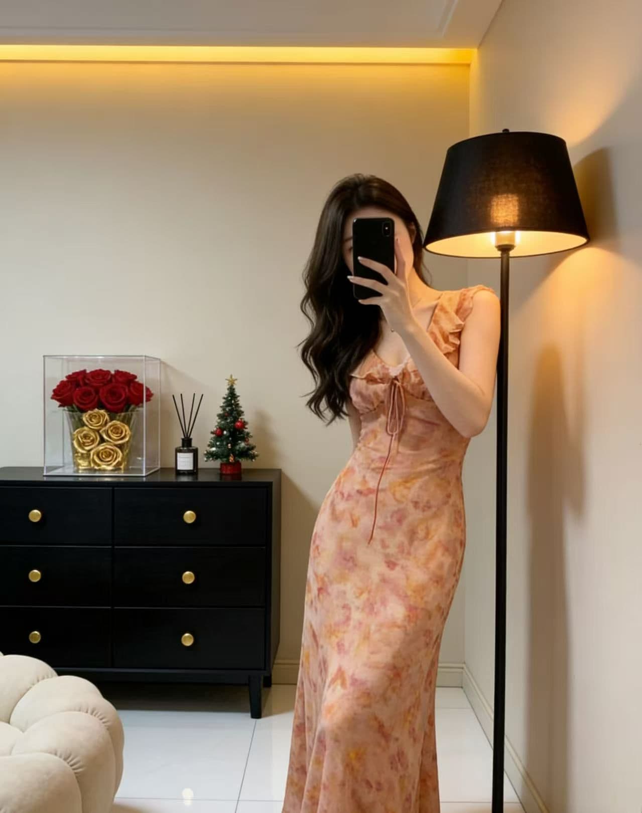 차 휴식 프랑스식 핑크색 프릴 꽃무늬 V넥 민소매 여성 드레스 2026 새로운 여름 아름다운 작은 치마 상세 이미지 3