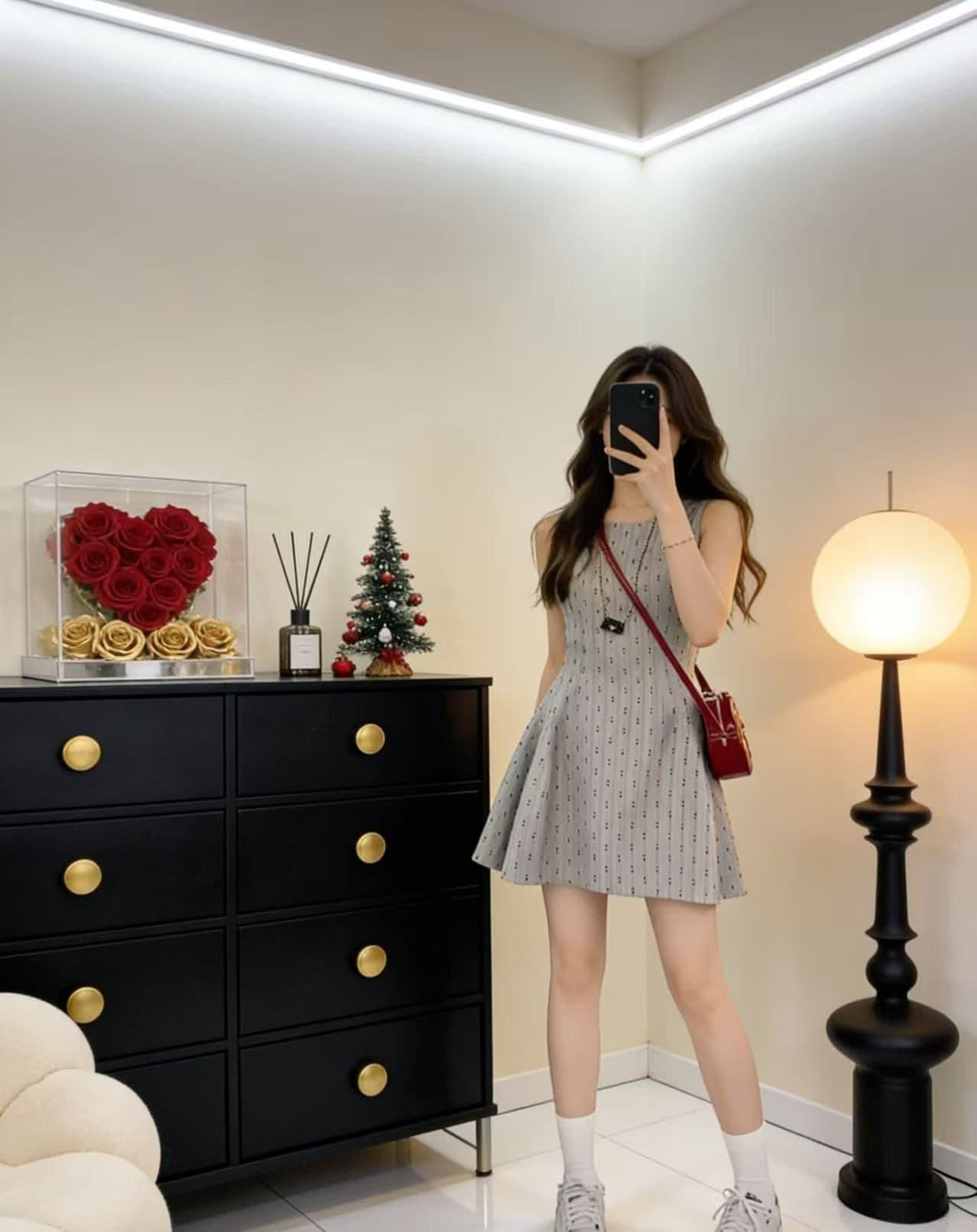 귀여운 슈퍼 요정 품격 회색 허리 수축 작은 샤넬 스타일 치마 학원 쇼트 스타일 라운드 넥 여름 민소매 미니멀리즘 드레스 상세 이미지 7