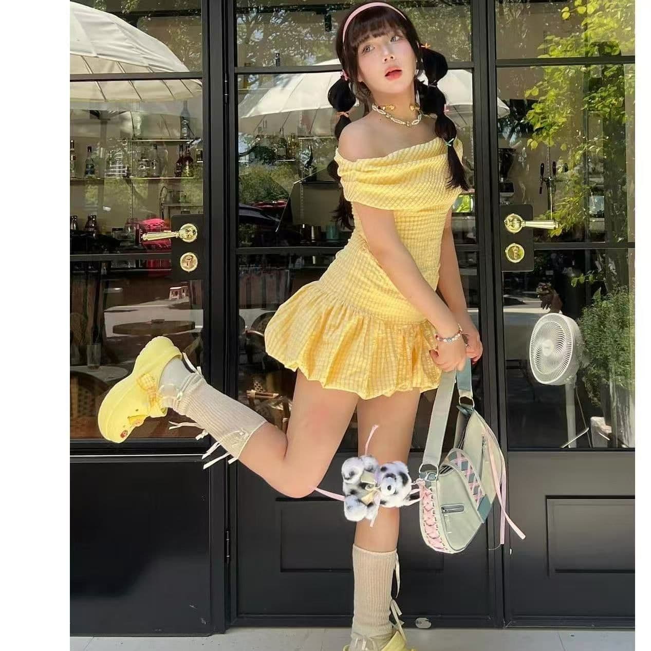 프랑스식 순수한 욕망 황색 체크무늬 오프숄더 튜브탑 여성 드레스 여름 고급 센스 품격 허리 수축 꽃밭 미니 스커트 상세 이미지 1