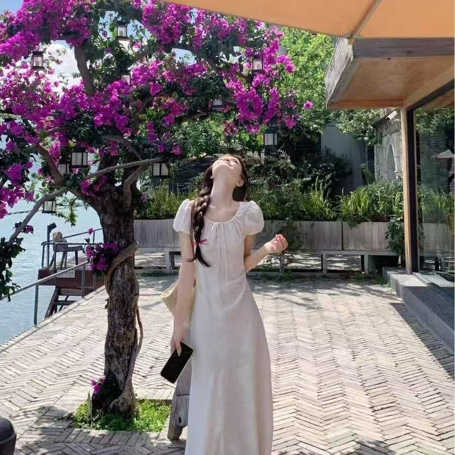 프랑스식 드레스 품격 명문 여성 미니멀리즘 우아함 빛 럭셔리 자카드 펌프 로프 슬림해 보이는 패션 롱 스커트 거품 소매 슬림해 보이는 상세 이미지 6