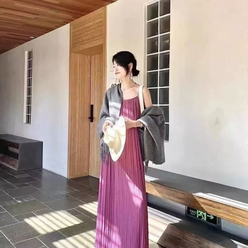 빅 사이즈 고급 센스 중간 길이 플리츠 슬립 드레스 여성 여름 루즈핏 다용도 외국 가스 연령 감소 품격 플리츠 드레스 상세 이미지 2