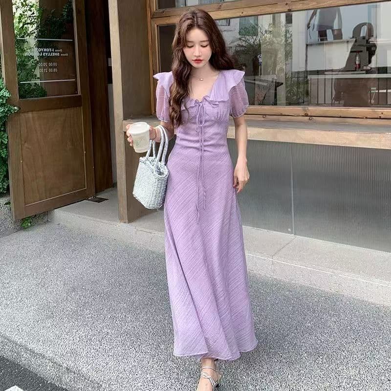 프랑스식 보라색 프릴 허리 수축 여성 드레스 여름 2026 새로운 품격 부드러운 바람 폭발 청 순수한 시스템 롱 스커트 상세 이미지 4