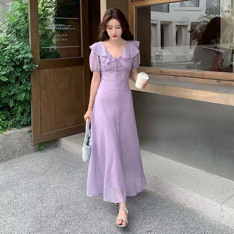 프랑스식 보라색 프릴 허리 수축 여성 드레스 여름 2026 새로운 품격 부드러운 바람 폭발 청 순수한 시스템 롱 스커트 상세 이미지 5