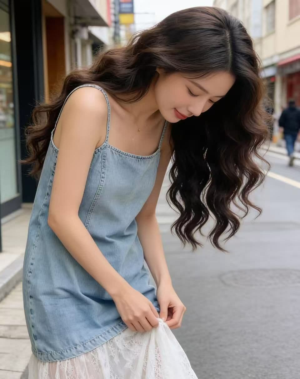 슈퍼 요정 레이스 밑단 패치워크 데님 슬립 여성 드레스 여름 2026 새로운 휴가 바람 품격 슬림해 보이는 롱 스커트 상세 이미지 5