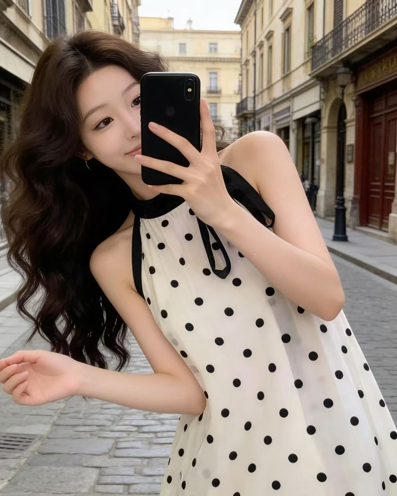 프랑스식 작은 샤넬 스타일 품격 나비 매듭 민소매 도트 무늬 여성 드레스 첫사랑 순수한 우유 달콤한 한 마디 미니 스커트 여름 상세 이미지 2