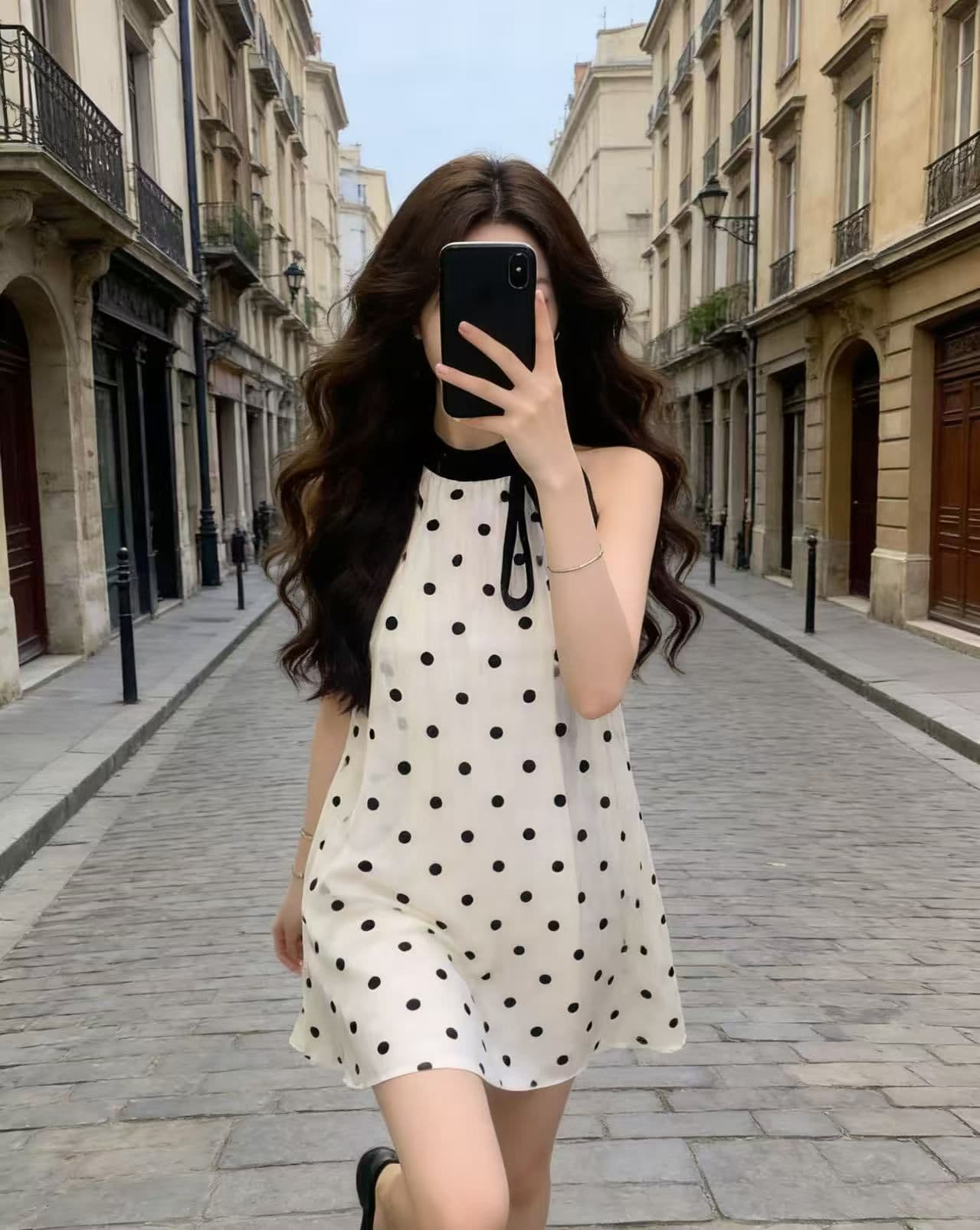 프랑스식 작은 샤넬 스타일 품격 나비 매듭 민소매 도트 무늬 여성 드레스 첫사랑 순수한 우유 달콤한 한 마디 미니 스커트 여름 상세 이미지 8