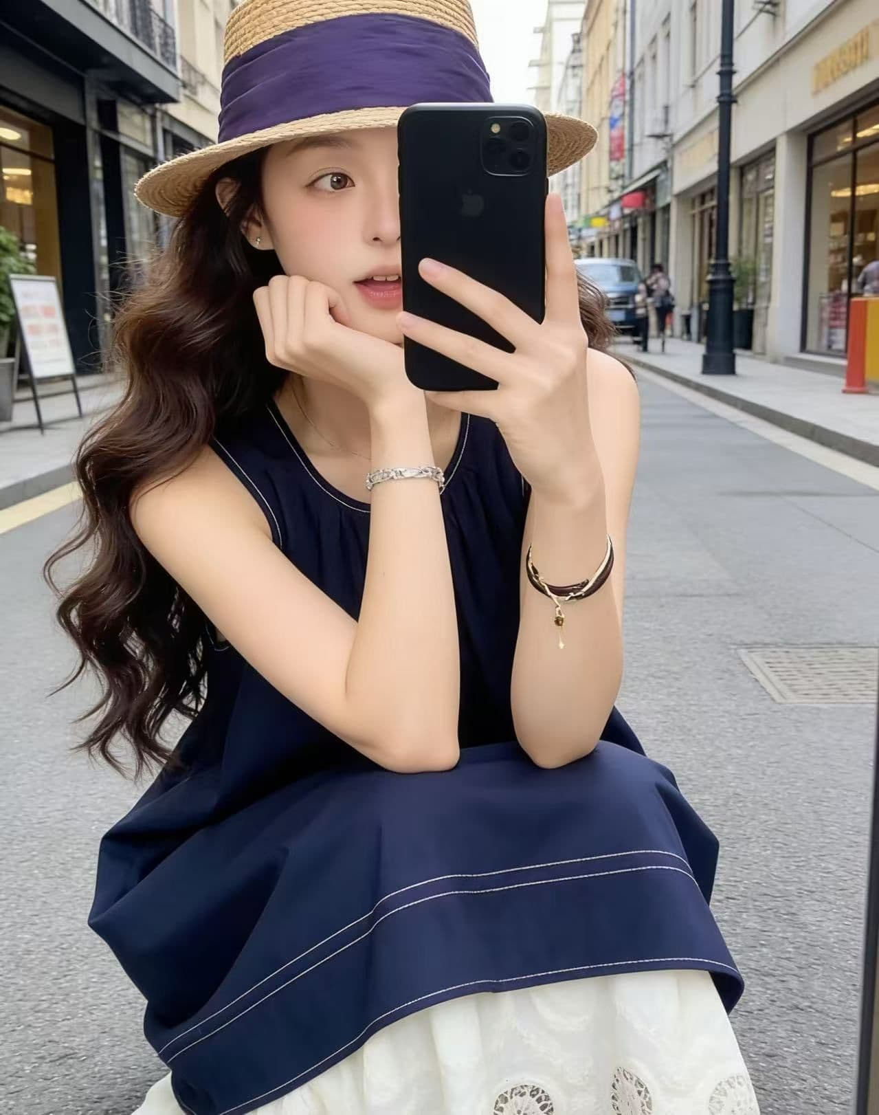 파란색 여성 드레스 여름 2026 새로운 프랑스식 휴가 바람 소녀 센스 레이스 조각 민소매 조끼 스커트 상세 이미지 2