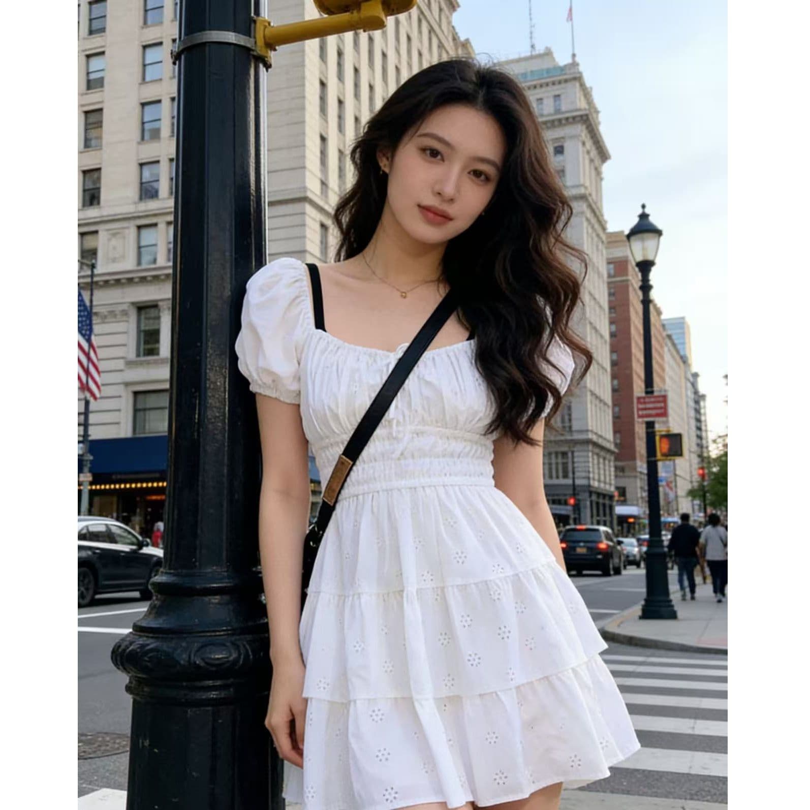 여름 새로운 프랑스식 작은 키 광장 칼라 거품 소매 부드러운 바람 첫사랑 공주 드레스 달콤함 허리 수축 슬림해 보이는 이미지 5