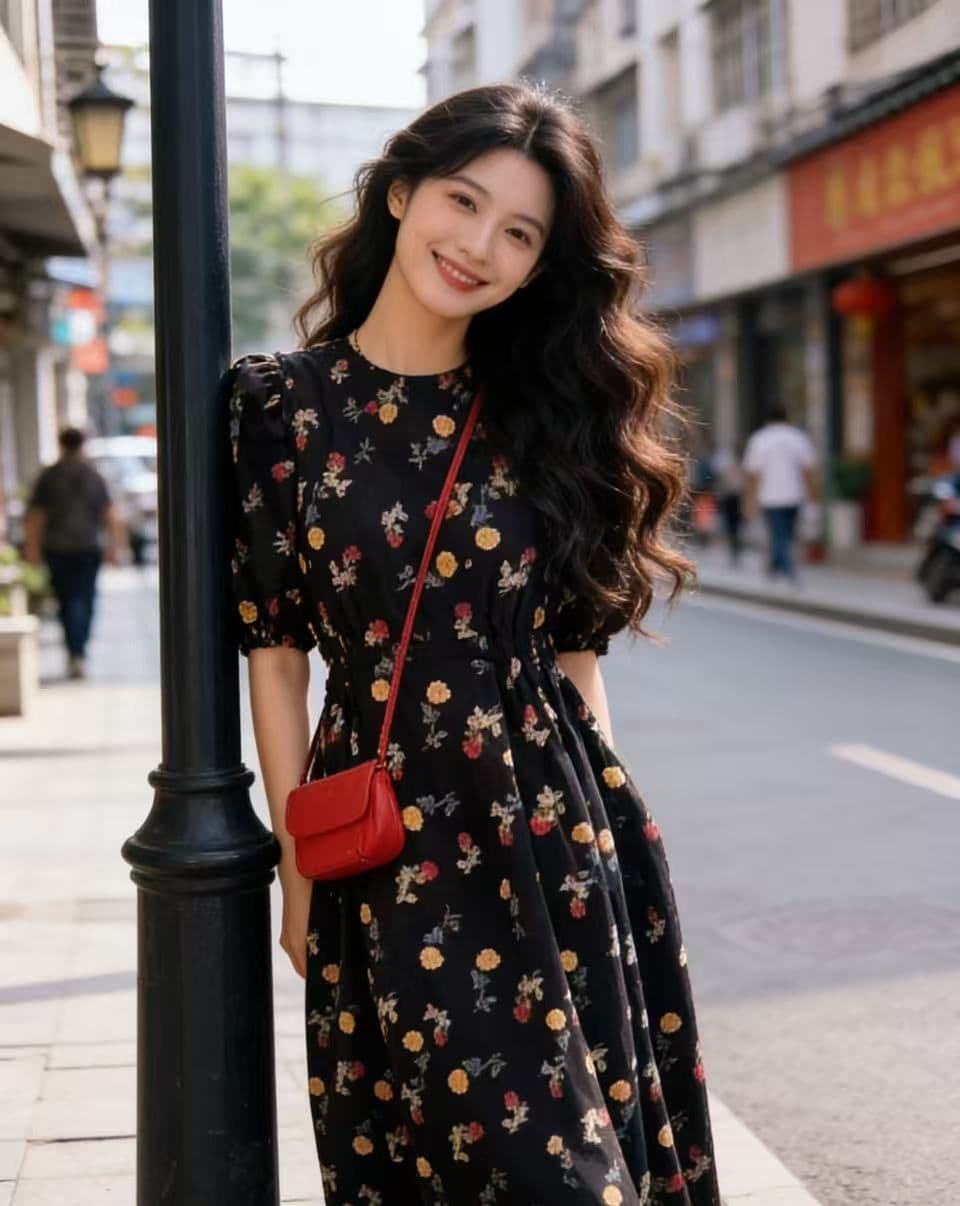 프랑스식 레트로 검정색 꽃무늬 라운드 넥 거품 소매 셔츠 드레스 여름 허리 수축 큰 진자 한 마디 휴가 여성 드레스 상세 이미지 1